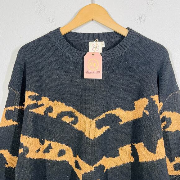 Grace & Emma Crewneck Sweater Knit Casual Long Sleeve Black Tan - M - Picture 2 of 6